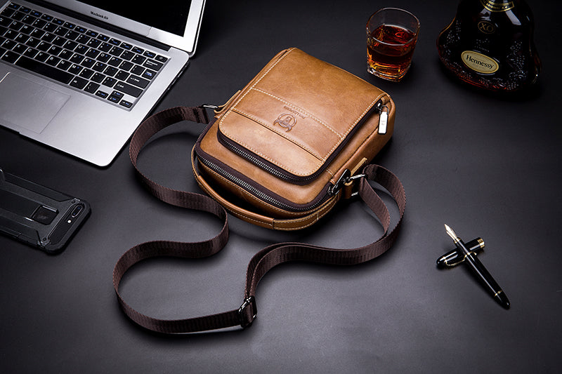 Men Genuine Leather Small Shoulder Crossbody Bag Fashion Casual Handbag Brown