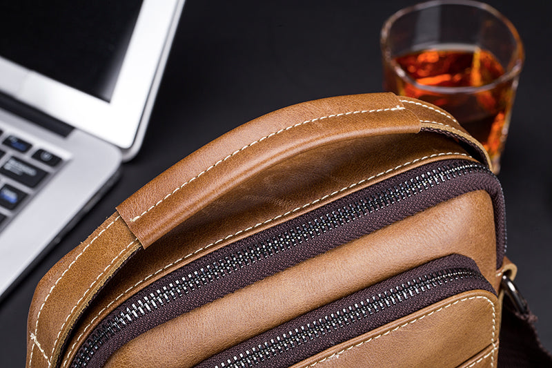 Men Genuine Leather Small Shoulder Crossbody Bag Fashion Casual Handbag Brown