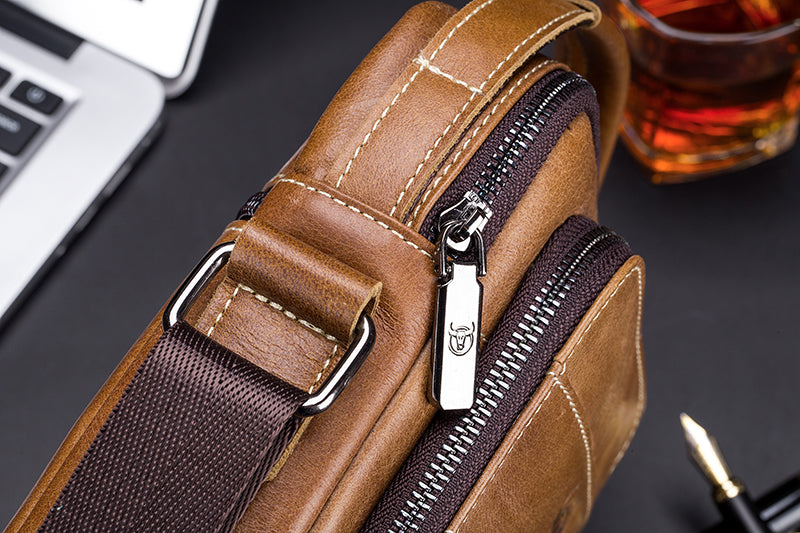 Men Genuine Leather Small Shoulder Crossbody Bag Fashion Casual Handbag Brown