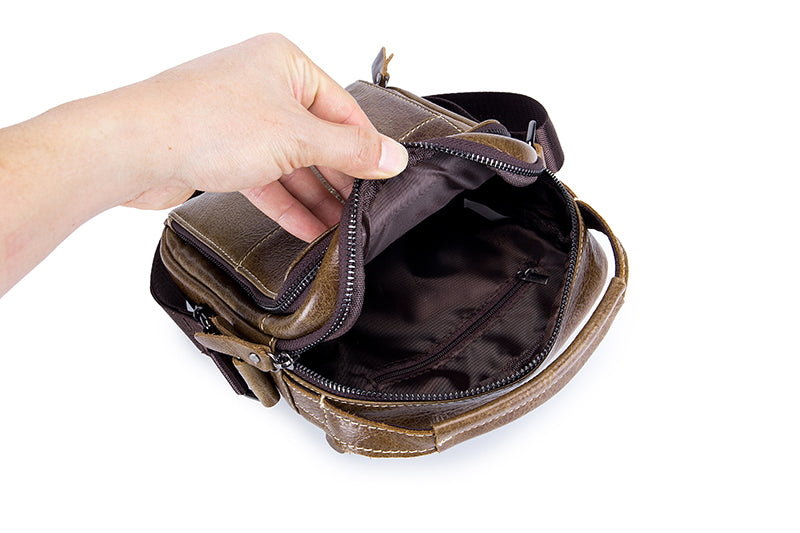 Men Genuine Leather Small Shoulder Crossbody Bag Fashion Casual Handbag Coffee