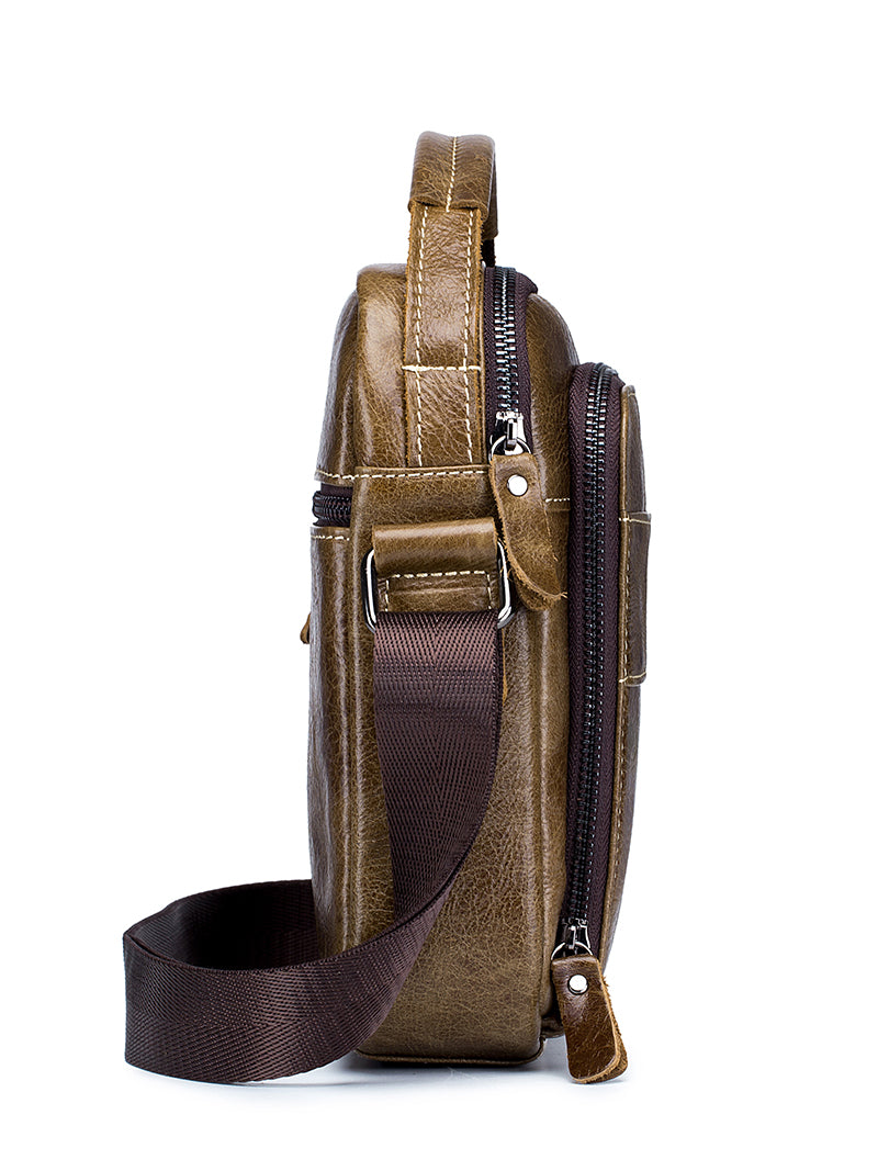 Men Genuine Leather Small Shoulder Crossbody Bag Fashion Casual Handbag Coffee