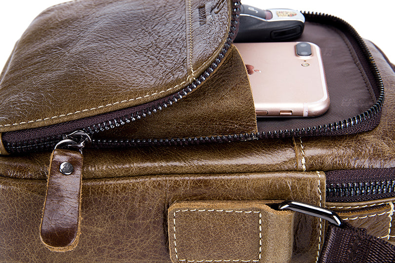Men Genuine Leather Small Shoulder Crossbody Bag Fashion Casual Handbag Coffee