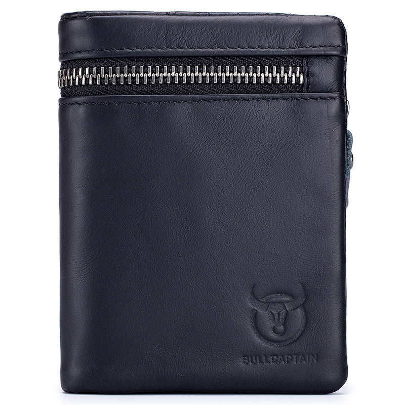 Men Genuine Leather Wallet Bifold Zippers Purse Ultra Strong Stitching Black