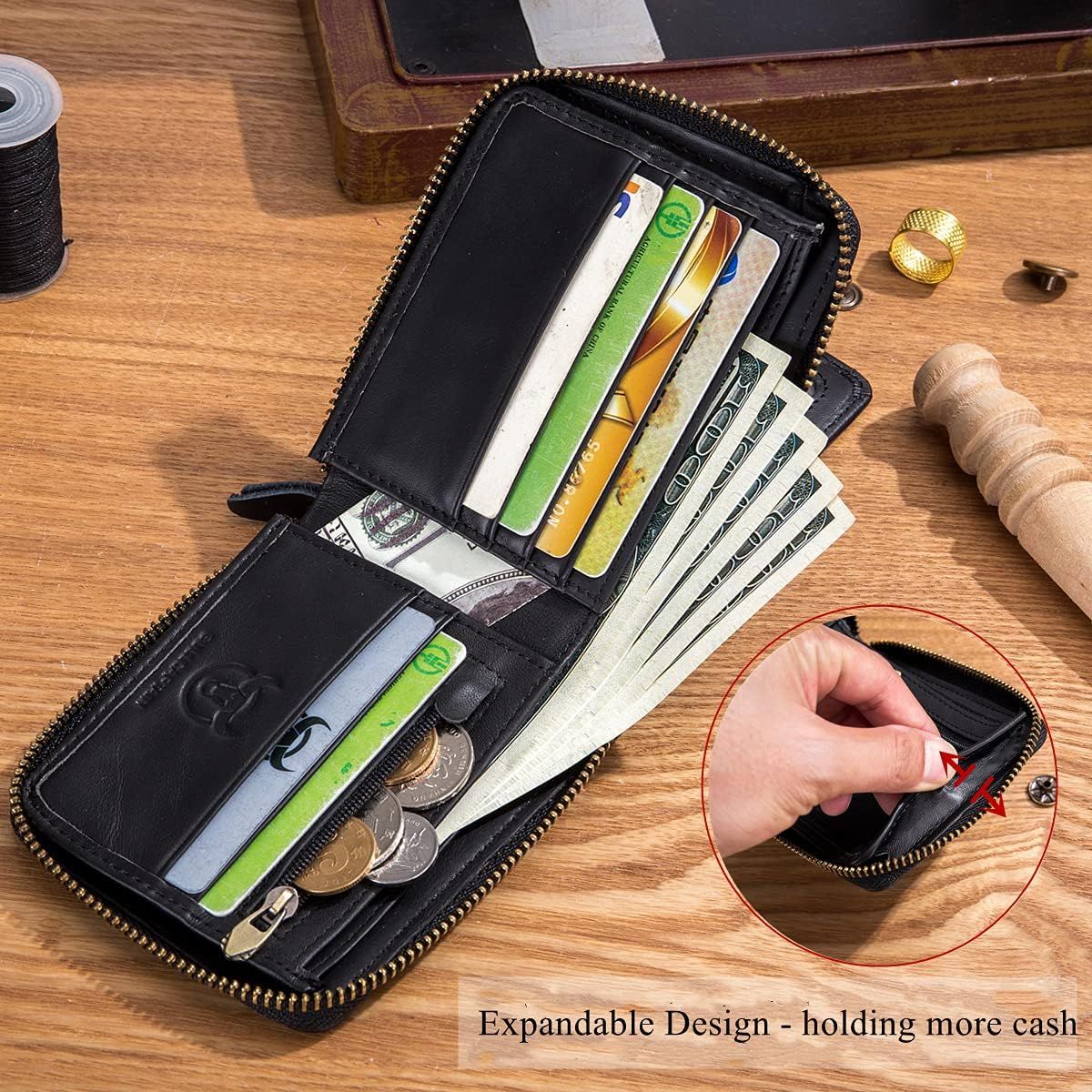 Men Genuine Leather Wallet Large Capacity ID Window Card Case Black