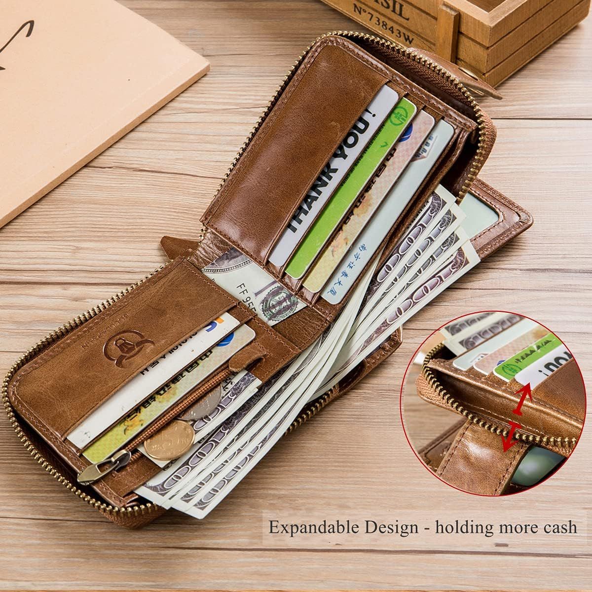 Men Genuine Leather Wallet Large Capacity ID Window Card Case Brown