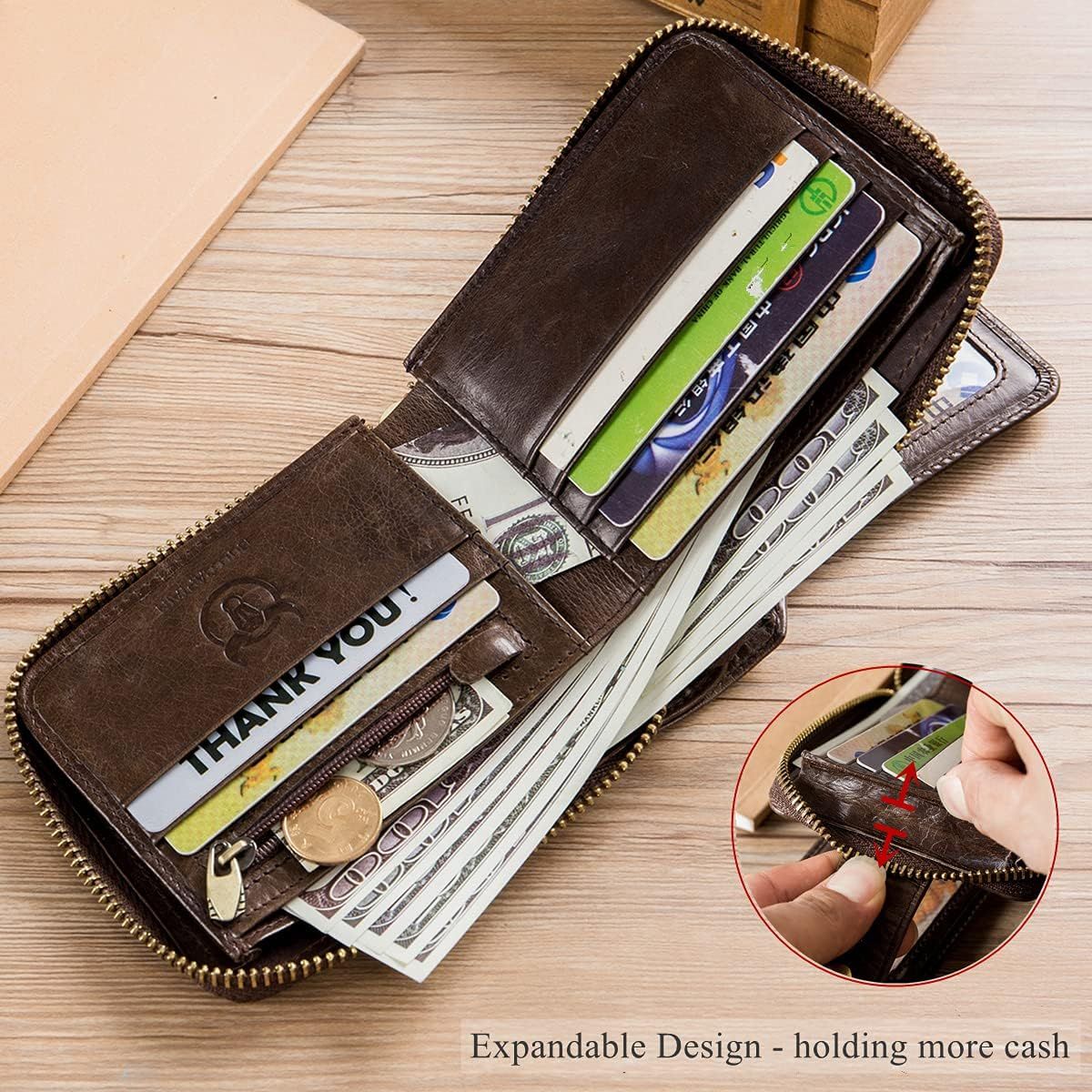Men Genuine Leather Wallet Large Capacity ID Window Card Case Coffee
