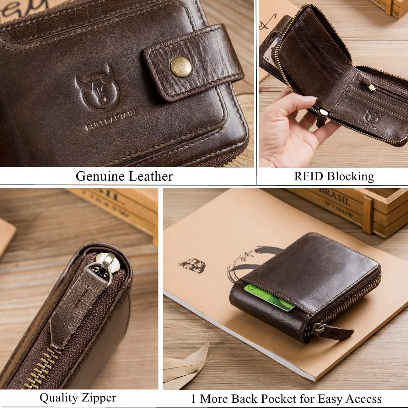 Men Genuine Leather Wallet Large Capacity ID Window Card Case Coffee