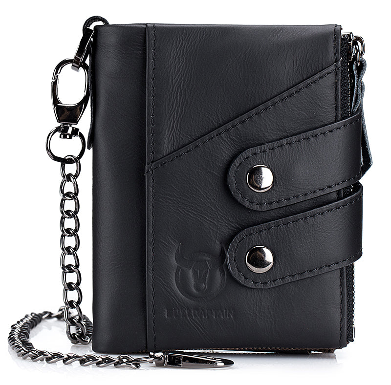 Men Genuine Leather Wallet RFID Blocking Bifold Wallet With Chain Black