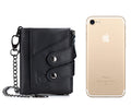 Men Genuine Leather Wallet RFID Blocking Bifold Wallet With Chain Black