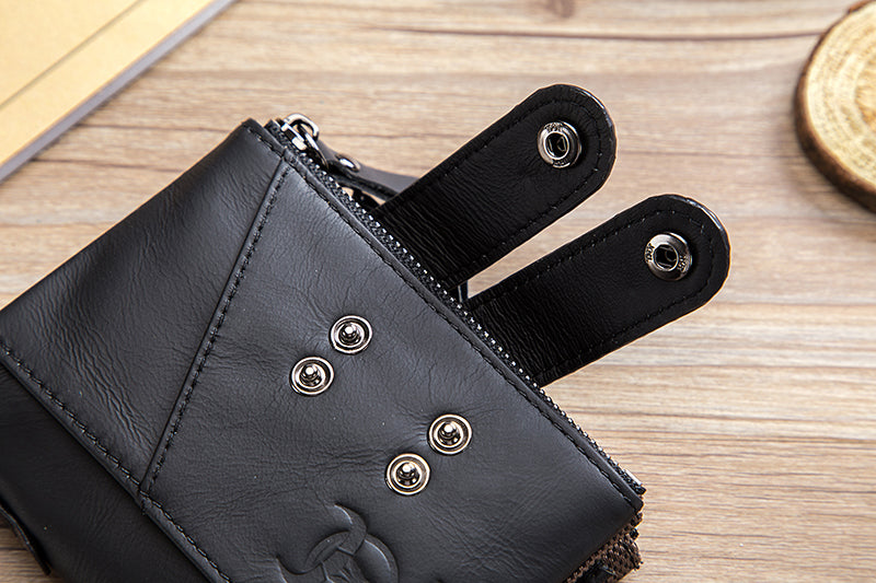 Men Genuine Leather Wallet RFID Blocking Bifold Wallet With Chain Black