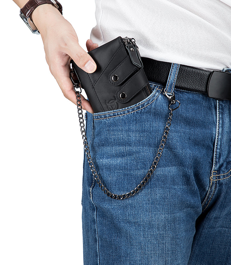 Men Genuine Leather Wallet RFID Blocking Bifold Wallet With Chain Black