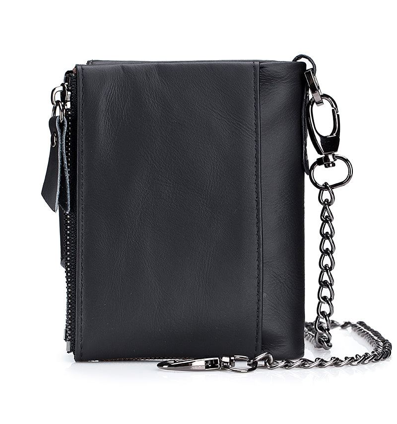 Men Genuine Leather Wallet RFID Blocking Bifold Wallet With Chain Black