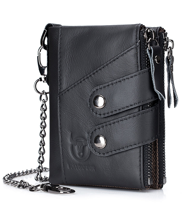 Men Genuine Leather Wallet RFID Blocking Bifold Wallet With Chain Black