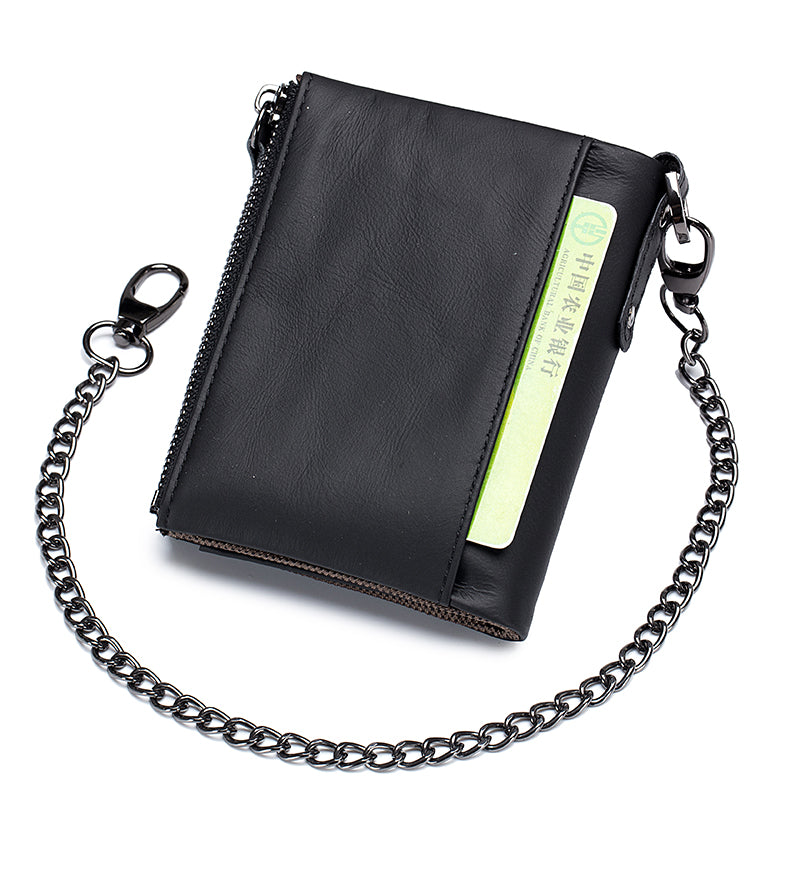 Men Genuine Leather Wallet RFID Blocking Bifold Wallet With Chain Black