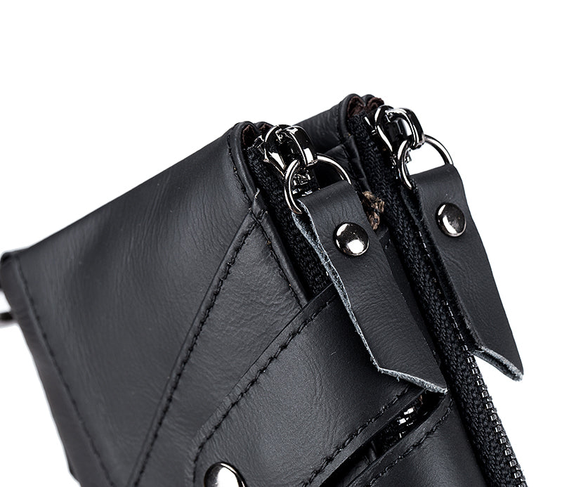 Men Genuine Leather Wallet RFID Blocking Bifold Wallet With Chain Black