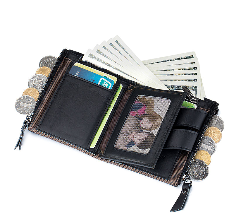 Men Genuine Leather Wallet RFID Blocking Bifold Wallet With Chain Black