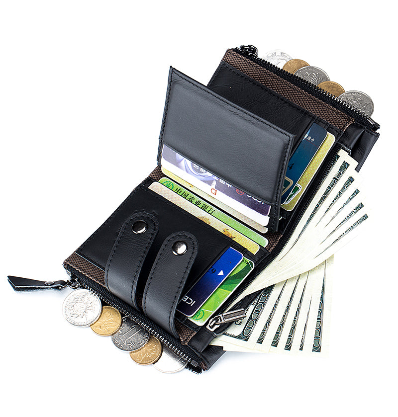 Men Genuine Leather Wallet RFID Blocking Bifold Wallet With Chain Black
