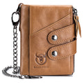 Men Genuine Leather Wallet RFID Blocking Bifold Wallet With Chain Brown