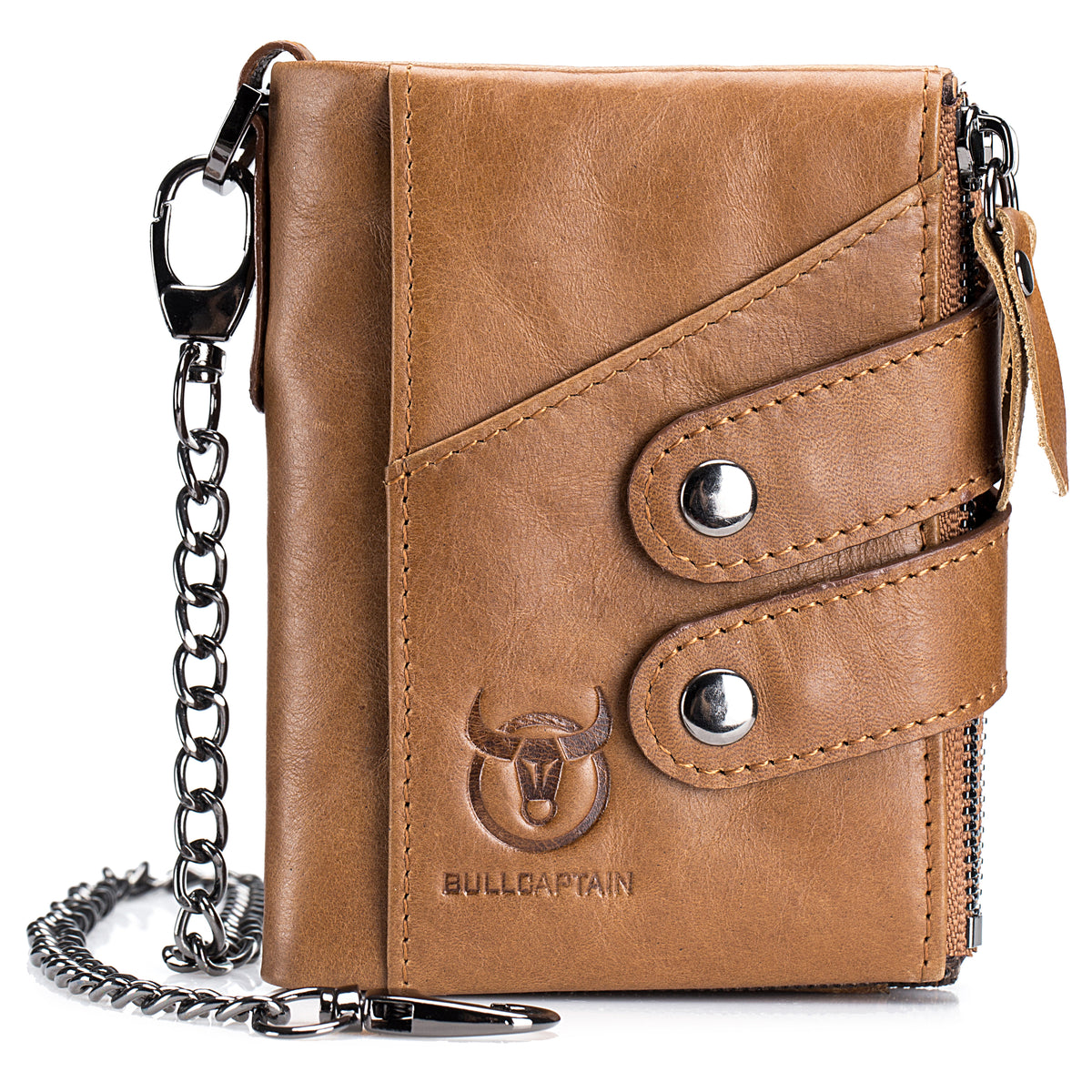 Men Genuine Leather Wallet RFID Blocking Bifold Wallet With Chain Brown
