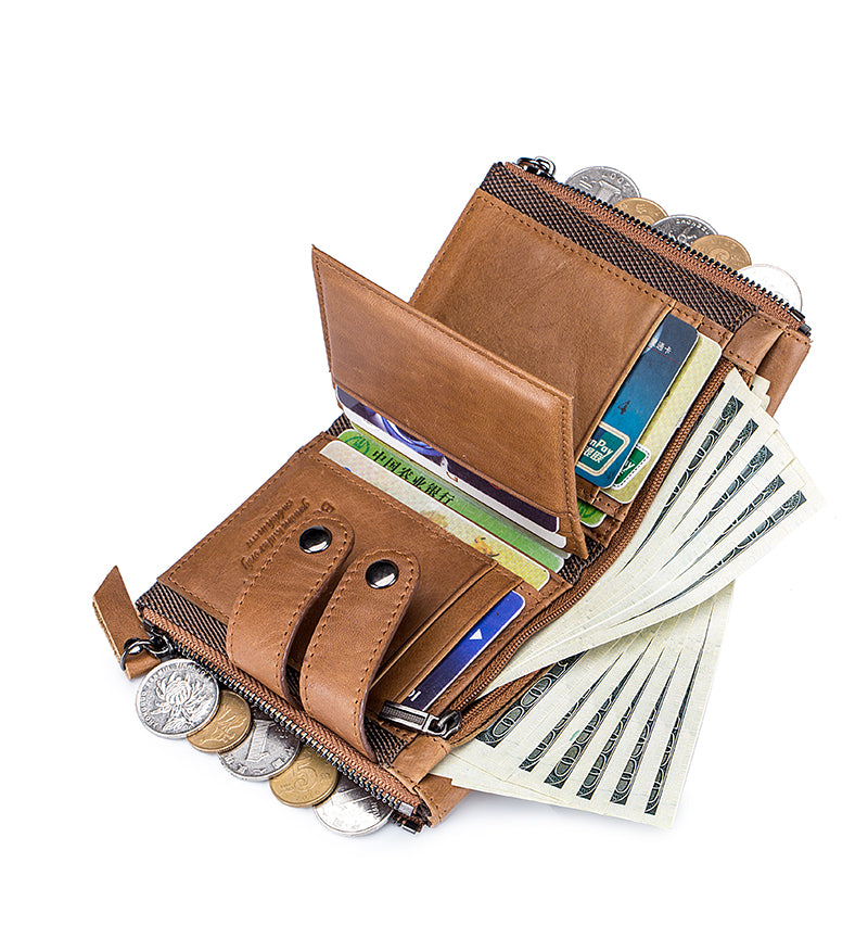 Men Genuine Leather Wallet RFID Blocking Bifold Wallet With Chain Brown