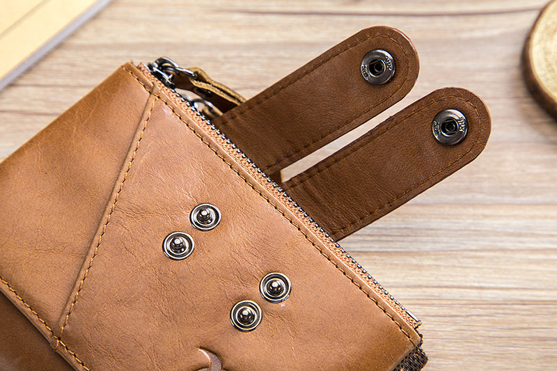 Men Genuine Leather Wallet RFID Blocking Bifold Wallet With Chain Brown