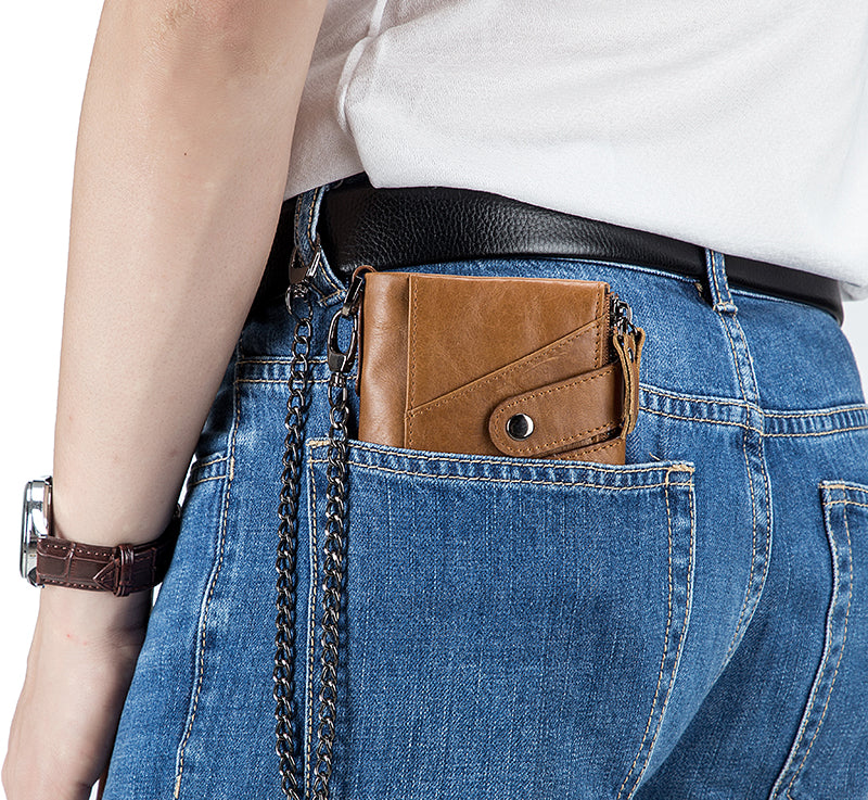 Men Genuine Leather Wallet RFID Blocking Bifold Wallet With Chain Brown