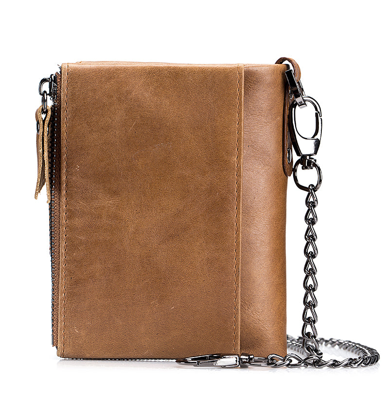 Men Genuine Leather Wallet RFID Blocking Bifold Wallet With Chain Brown