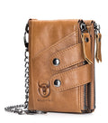 Men Genuine Leather Wallet RFID Blocking Bifold Wallet With Chain Brown