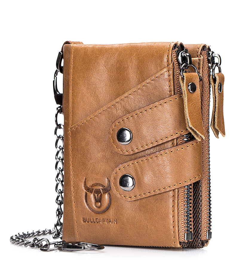 Men Genuine Leather Wallet RFID Blocking Bifold Wallet With Chain Brown