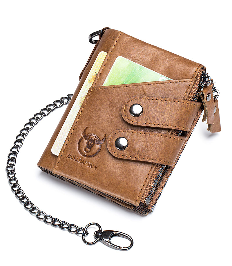 Men Genuine Leather Wallet RFID Blocking Bifold Wallet With Chain Brown