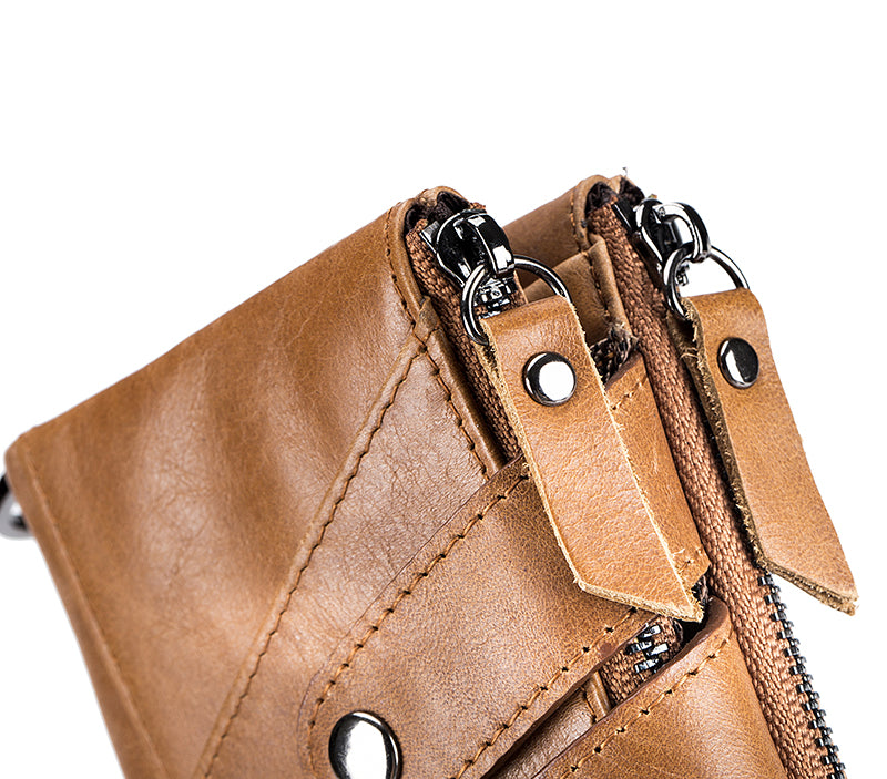 Men Genuine Leather Wallet RFID Blocking Bifold Wallet With Chain Brown