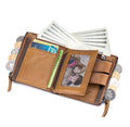 Men Genuine Leather Wallet RFID Blocking Bifold Wallet With Chain Brown
