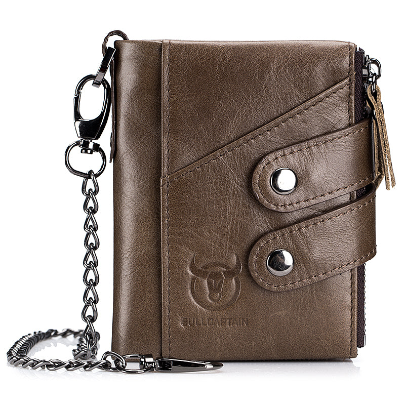 Men's Genuine Leather Wallet RFID Blocking Bifold Wallet With Chain Coffee