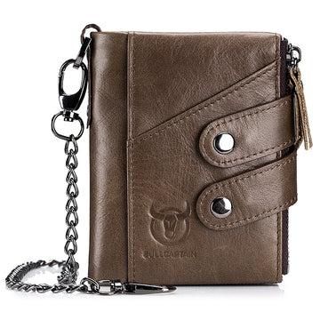 Men's Genuine Leather Wallet RFID Blocking Bifold Wallet With Chain Coffee