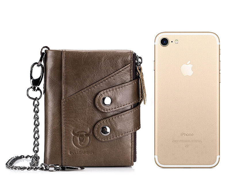 Men's Genuine Leather Wallet RFID Blocking Bifold Wallet With Chain Coffee