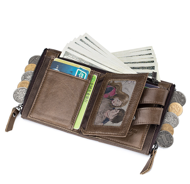 Men Genuine Leather Wallet RFID Blocking Bifold Wallet With Chain Coffee