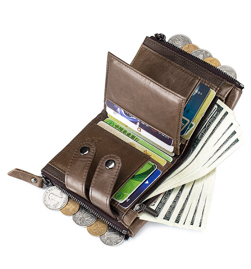Men Genuine Leather Wallet RFID Blocking Bifold Wallet With Chain Coffee