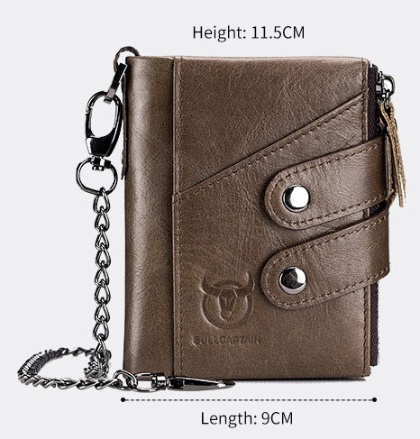 Men's Genuine Leather Wallet RFID Blocking Bifold Wallet With Chain Coffee