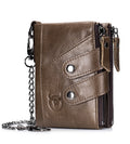 Men Genuine Leather Wallet RFID Blocking Bifold Wallet With Chain Coffee