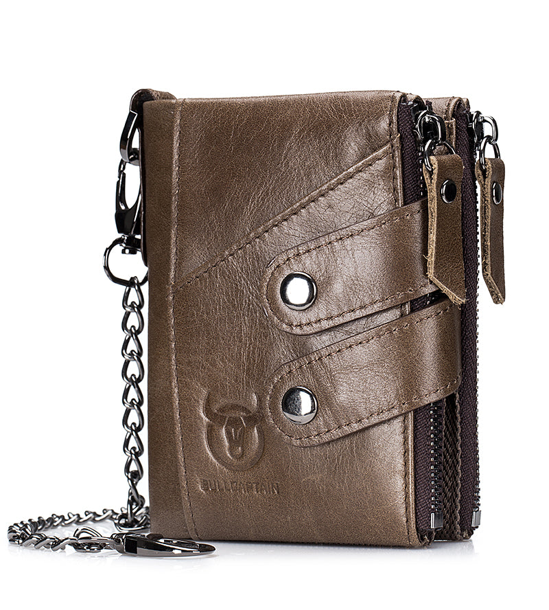 Men Genuine Leather Wallet RFID Blocking Bifold Wallet With Chain Coffee