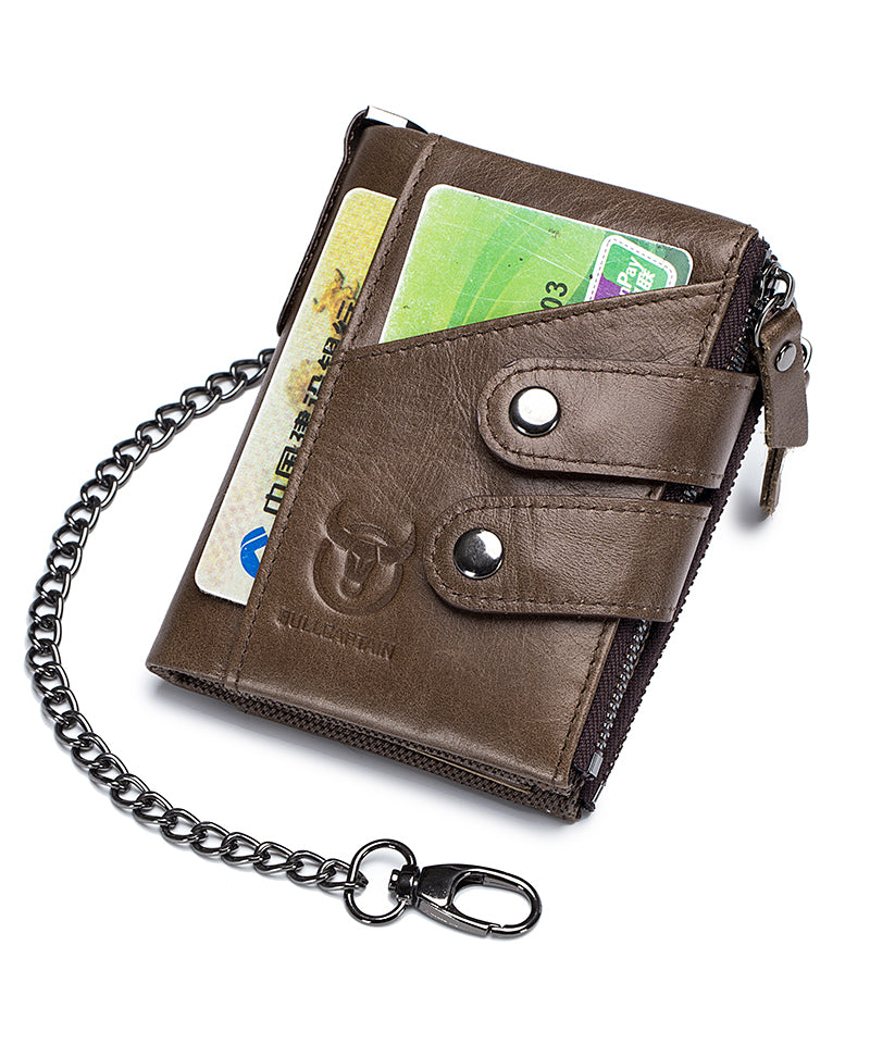Men Genuine Leather Wallet RFID Blocking Bifold Wallet With Chain Coffee