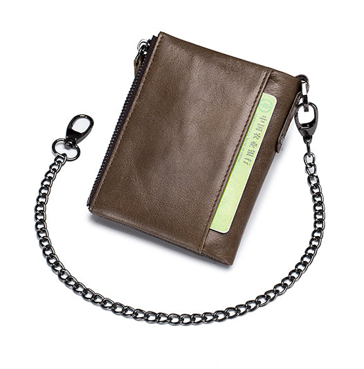 Men Genuine Leather Wallet RFID Blocking Bifold Wallet With Chain Coffee