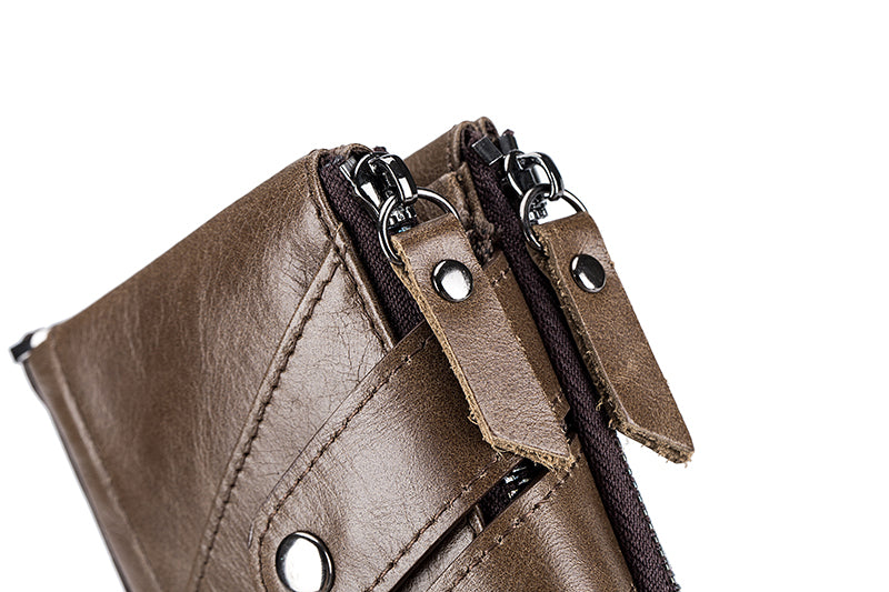 Men Genuine Leather Wallet RFID Blocking Bifold Wallet With Chain Coffee