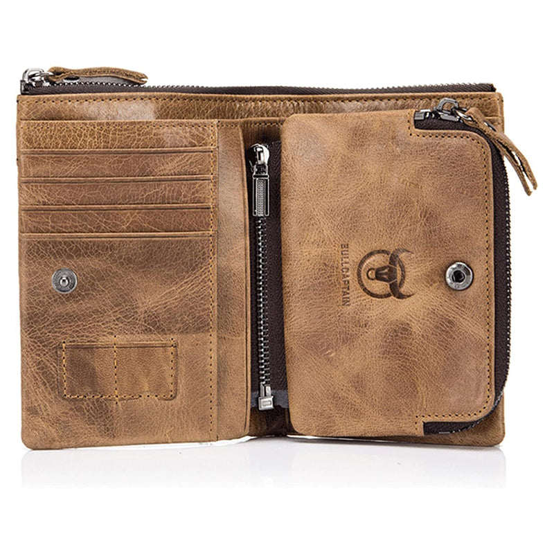 Men Genuine Leather Wallet RFID Blocking Trifold Zipper Pocket Wallet Brown