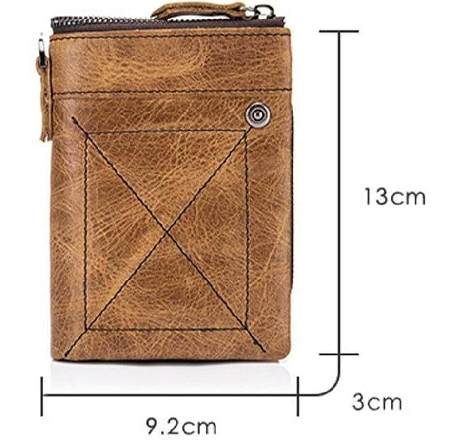 Men Genuine Leather Wallet RFID Blocking Trifold Zipper Pocket Wallet Brown