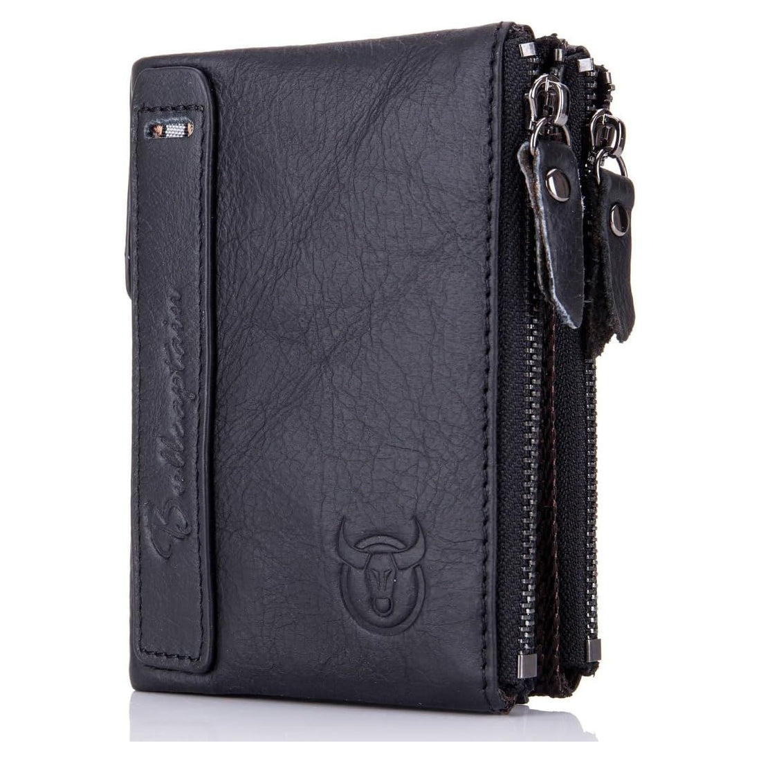 Men Genuine Leather Wallet Vintage Bifold with Double Zipper Pockets Black