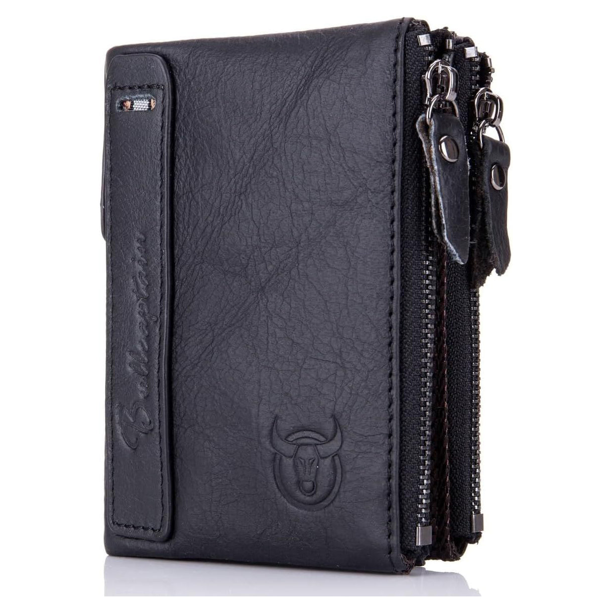 Men Genuine Leather Wallet Vintage Bifold with Double Zipper Pockets Black