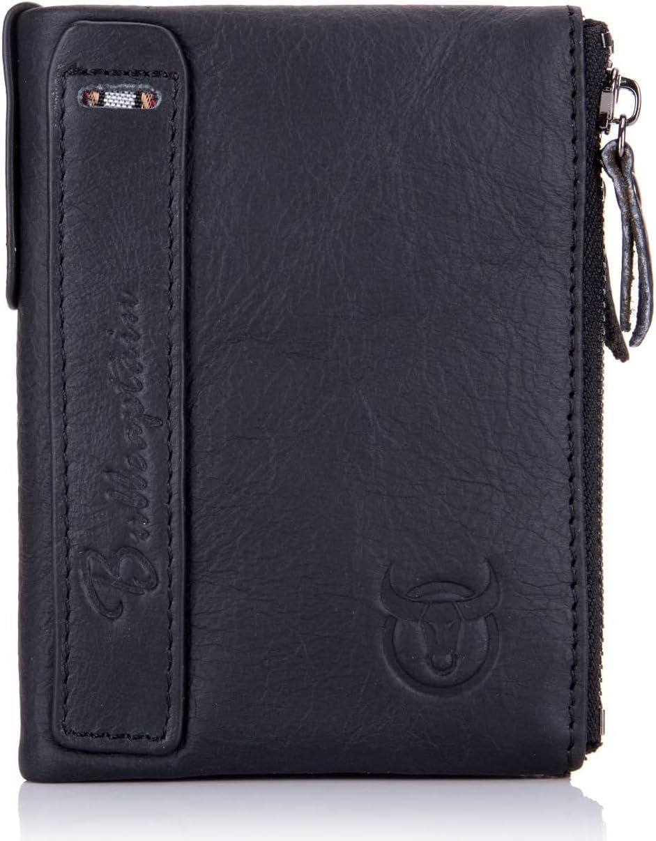 Men Genuine Leather Wallet Vintage Bifold with Double Zipper Pockets Black