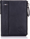 Men Genuine Leather Wallet Vintage Bifold with Double Zipper Pockets Black