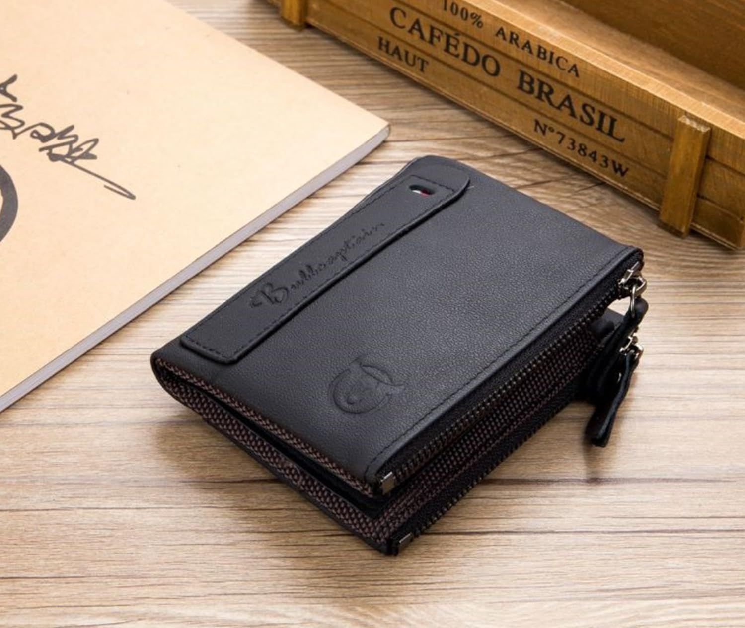 Men Genuine Leather Wallet Vintage Bifold with Double Zipper Pockets Black